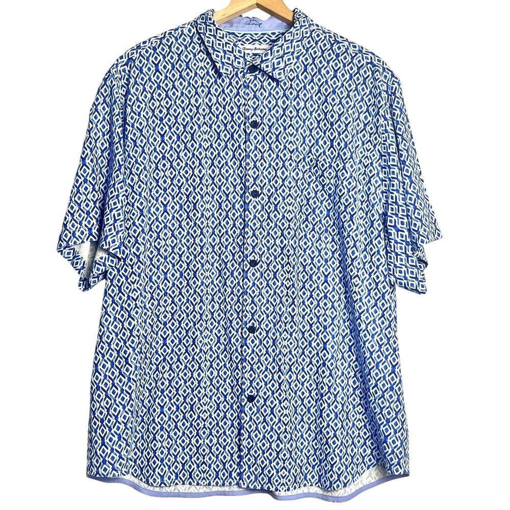 MSRP $148 TOMMY BAHAMA Coasta Geo Pattern 100% Silk Button-Up Shirt Blue xxl 2xl